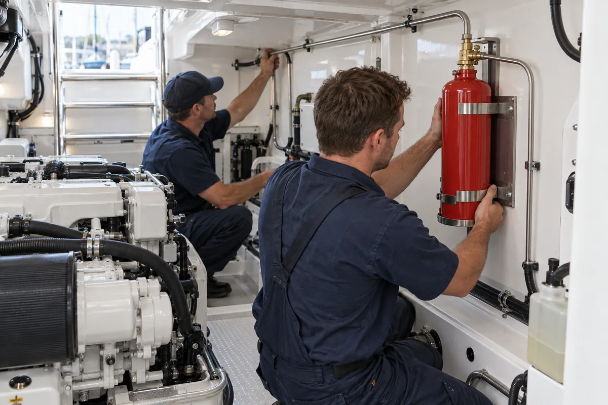 Red fire suppression cylinder in a metal bulkhead bracket inside a white fiberglass boat engine compartment, with one navy-clad technician supporting the cylinder while another checks the nearby pipe route.