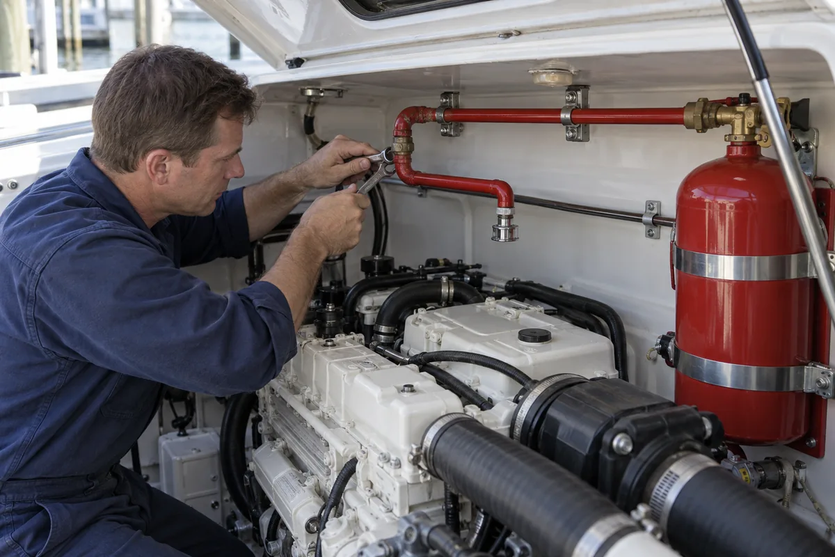 Navy-clad technician using a wrench at a red fire suppression pipe elbow inside a white vessel engine compartment, with a red mounted cylinder and connected pipe run visible.