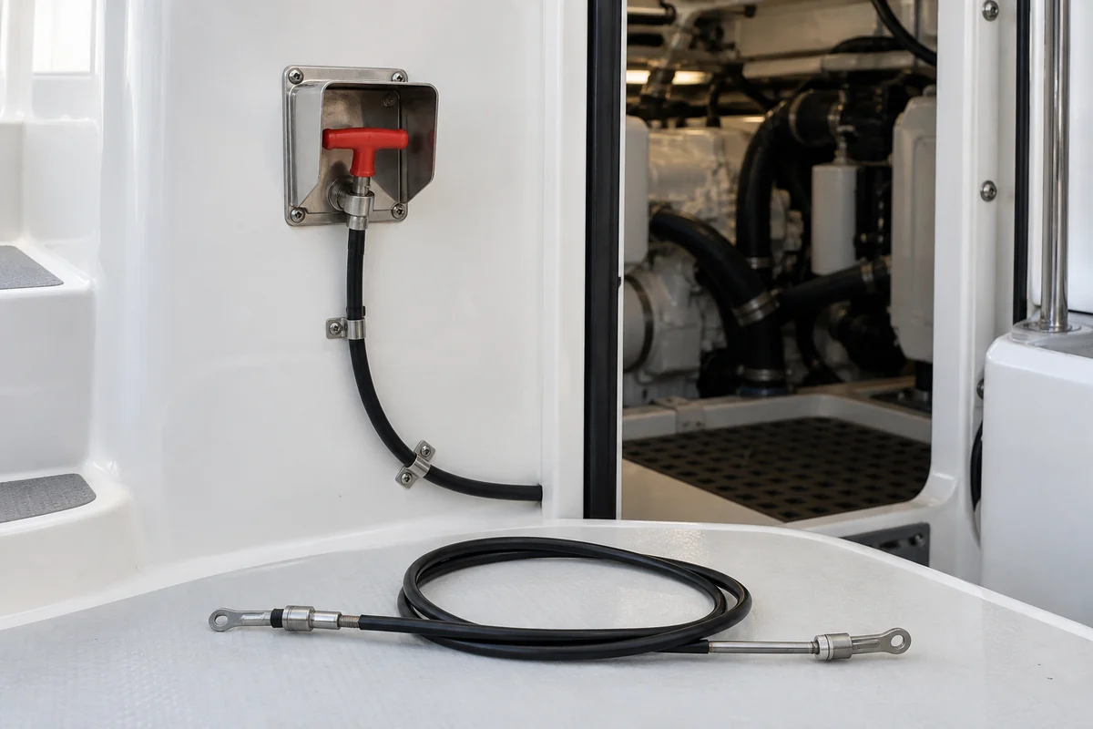 Red manual release T-handle with secured black cable and a coiled replacement cable beside a boat engine compartment.