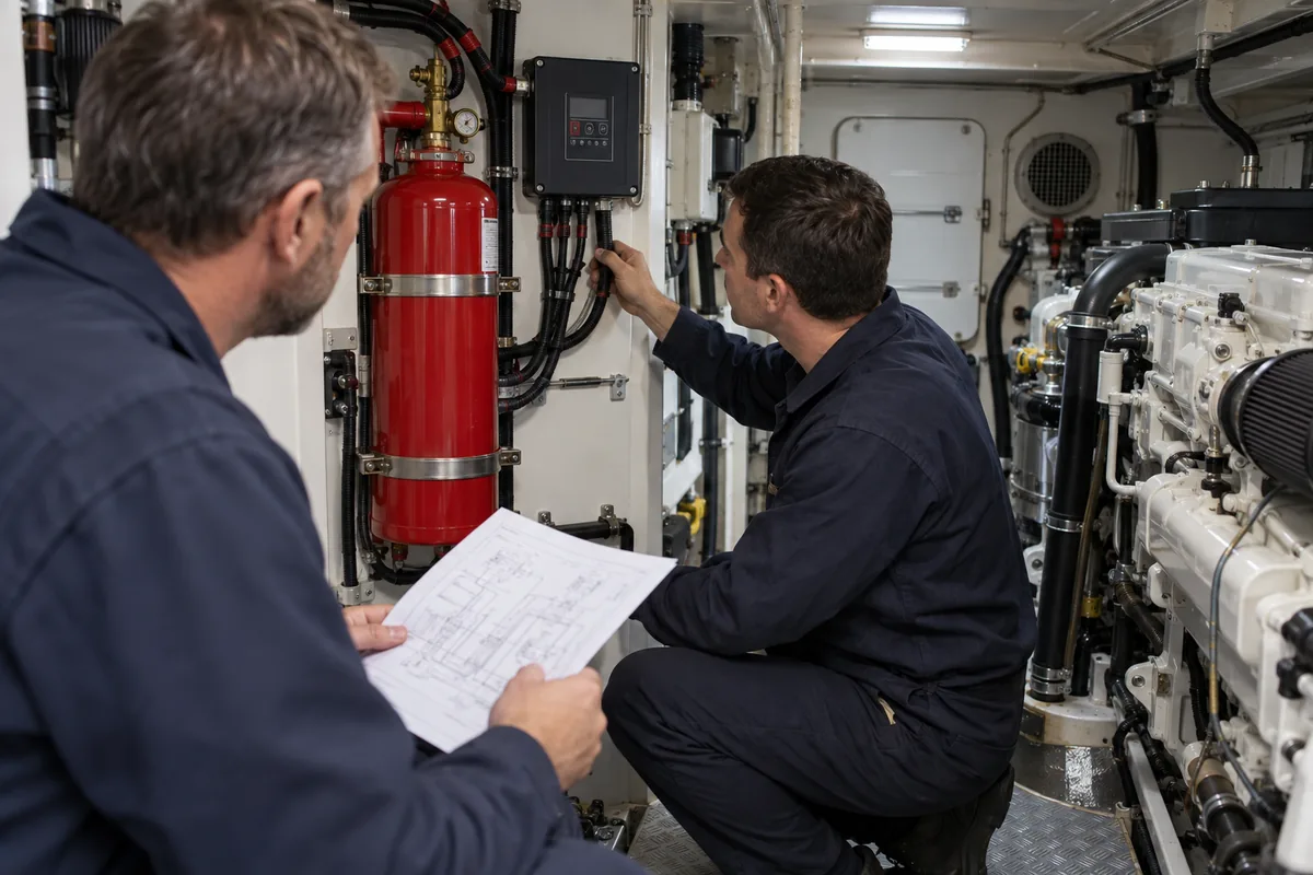Two navy-clad technicians in a vessel machinery compartment, one inspecting bundled connections at a black control box beside a red mounted fire suppression cylinder while the other holds an unreadable diagram; a marine engine is visible.