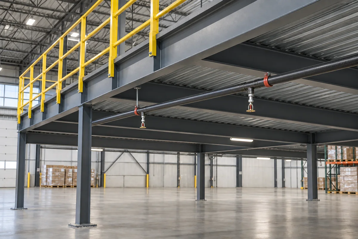 Steel warehouse mezzanine with yellow safety railing and black branch piping below the deck feeding two pendent fire sprinklers.