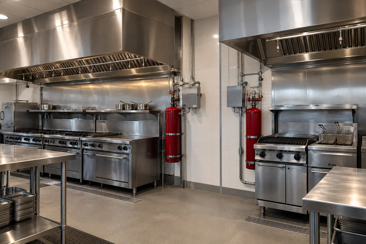 Two commercial kitchen hoods over separate cooklines with fire suppression piping, nozzles, mounted red cylinders and control enclosures.