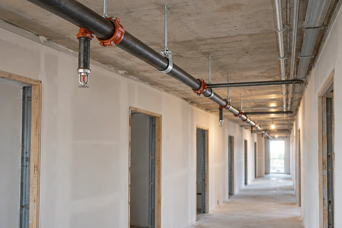 Dark steel fire sprinkler piping with red couplings, metal hangers and pendent fire sprinklers along an unfinished apartment corridor.