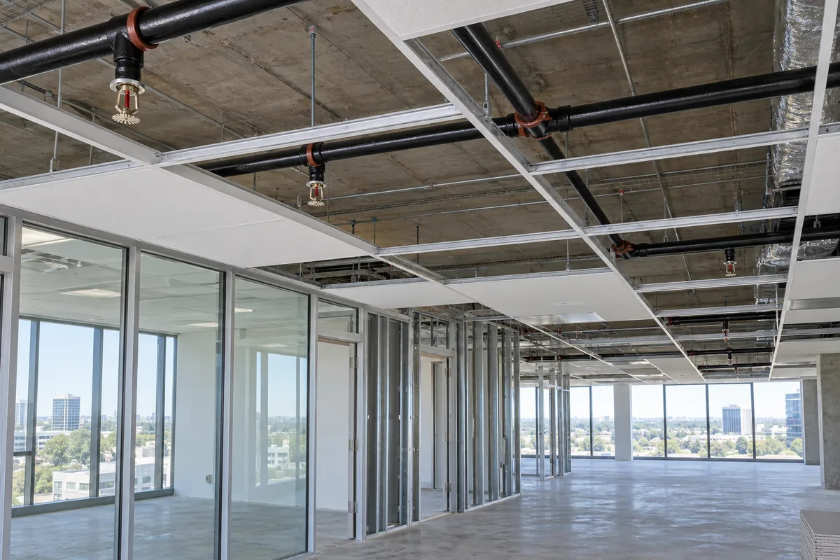 unfinished office interior with glazed room partitions, partial ceiling grid, suspended black steel fire sprinkler piping with pendant sprinkler heads, large windows and a concrete floor.