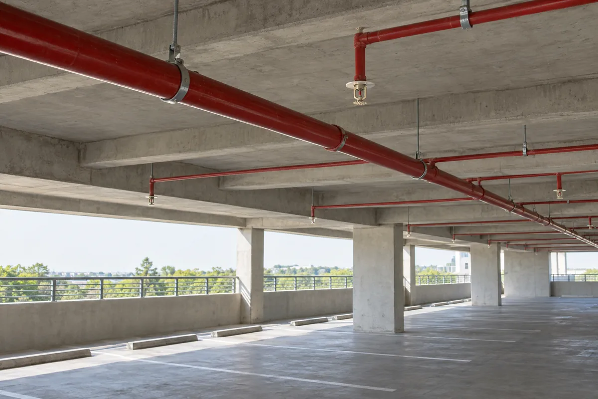 empty concrete parking garage with marked parking spaces and concrete columns, red overhead fire sprinkler mains and branch piping with visible sprinkler heads.