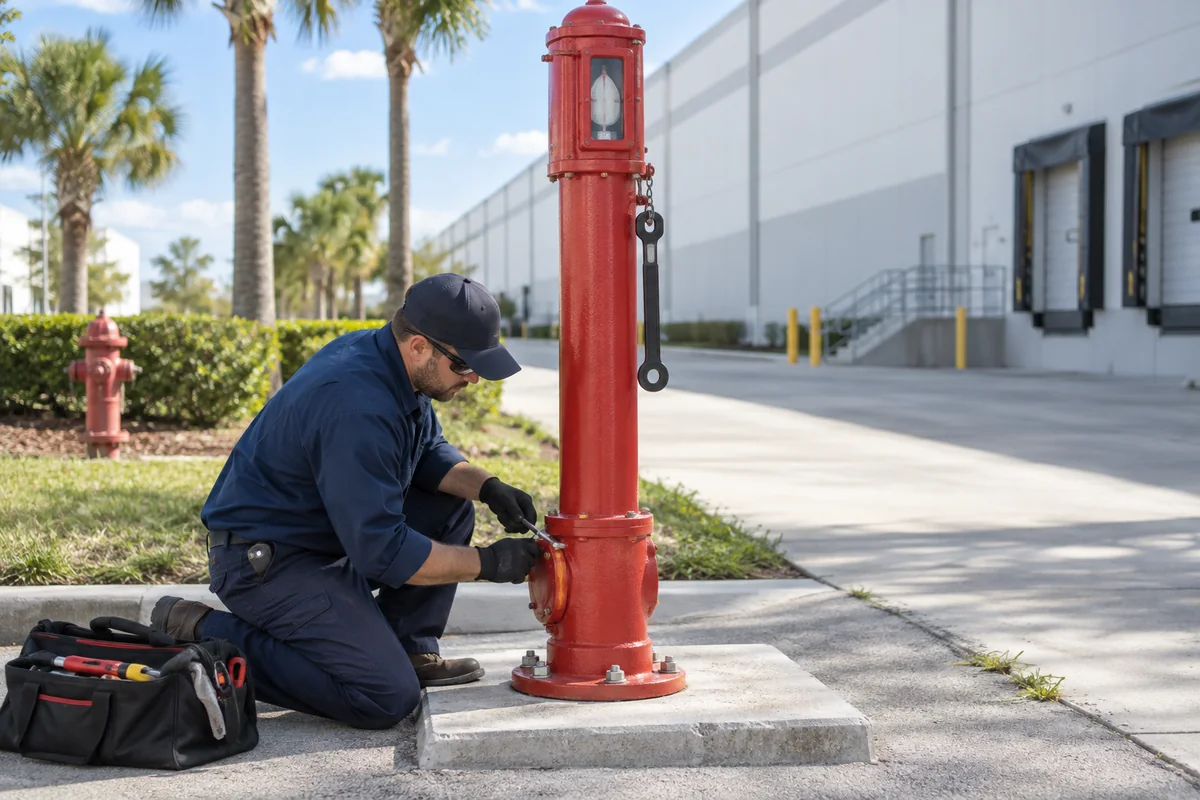 Technician kneeling at a red post indicator valve with a small hand tool at the lower housing, indicator window above, hanging wrench, warehouse and private fire hydrant behind.