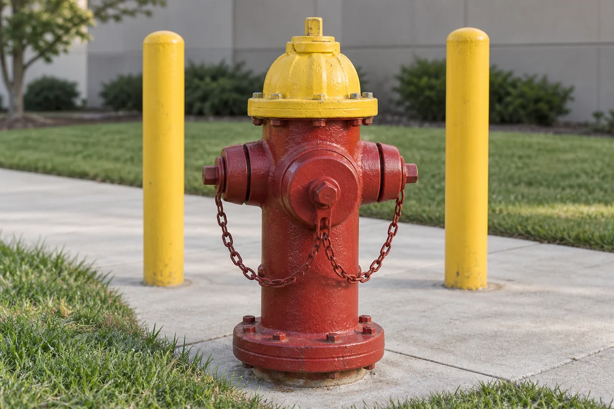 Red fire hydrant with yellow bonnet, capped outlets and chains between two yellow bollards on a concrete pad.