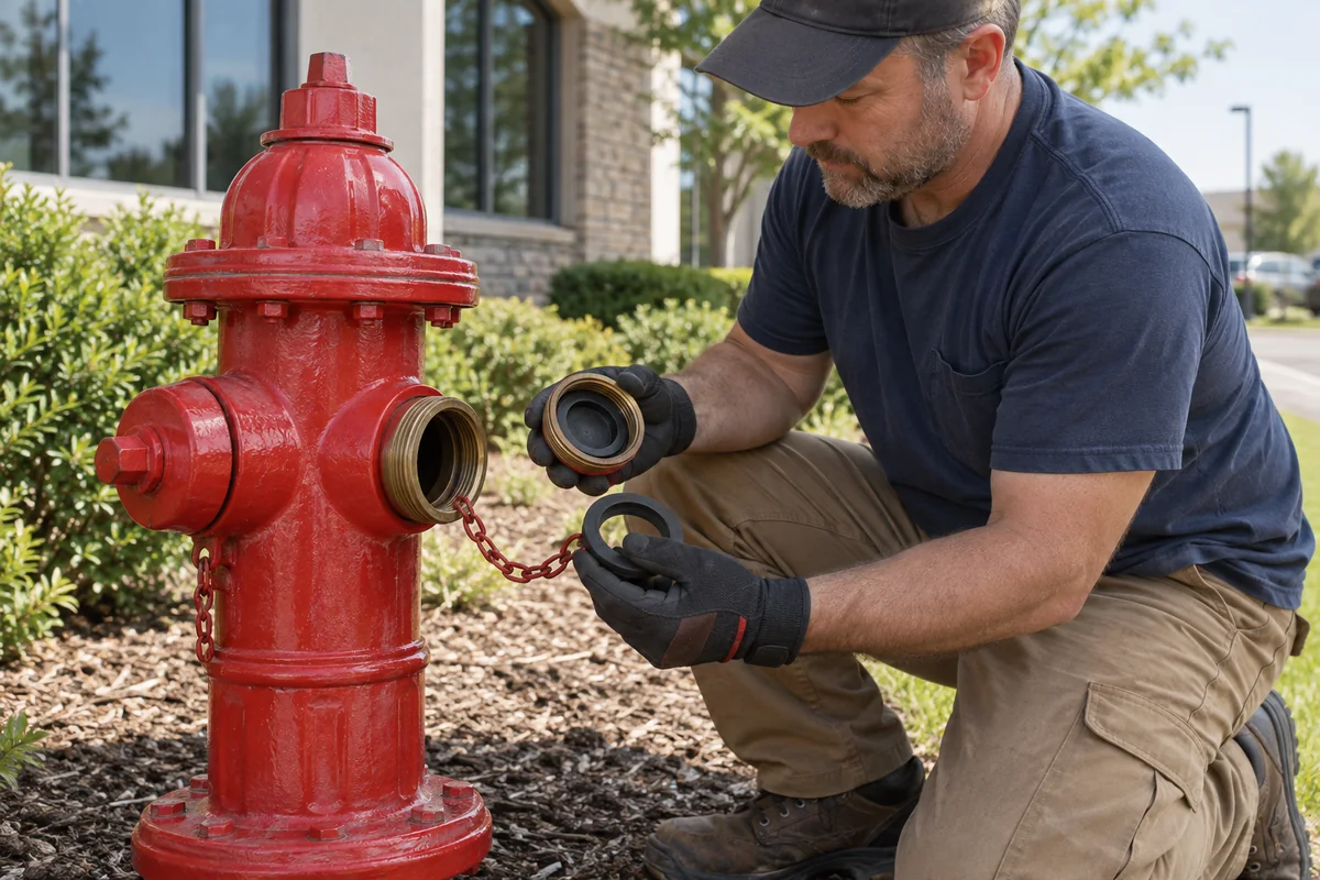 Gloved technician kneeling beside a red private fire hydrant, holding a brass outlet cap and rubber gasket with no water flowing.