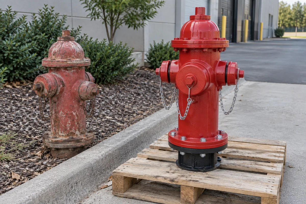 New red fire hydrant on a wooden pallet beside an older weathered red hydrant outside a commercial building.