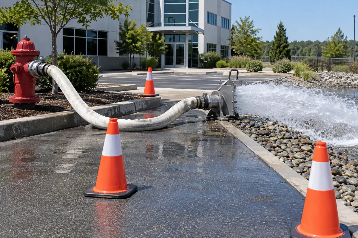 Red private fire hydrant connected by white hose to a supported metal diffuser discharging clear water into a gravel area, with orange traffic cones and a commercial building behind.