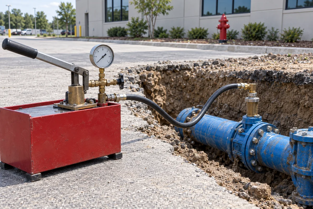 Manual hydrostatic test pump with gauge on pavement, black hose connected to exposed blue private fire-service pipe, with a red fire hydrant behind.