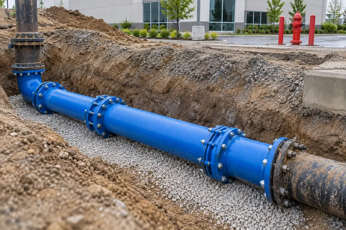 Blue replacement pipe section with bolted joints connected to older dark pipe in an open excavation with granular bedding, with a red fire hydrant and commercial building behind.