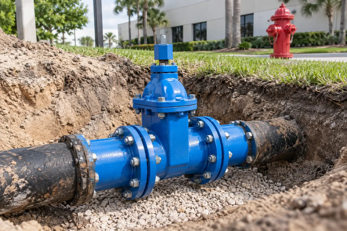 Blue gate valve and blue pipe sections connected to older dark buried pipe in a granular-bedded excavation, with a red fire hydrant behind.