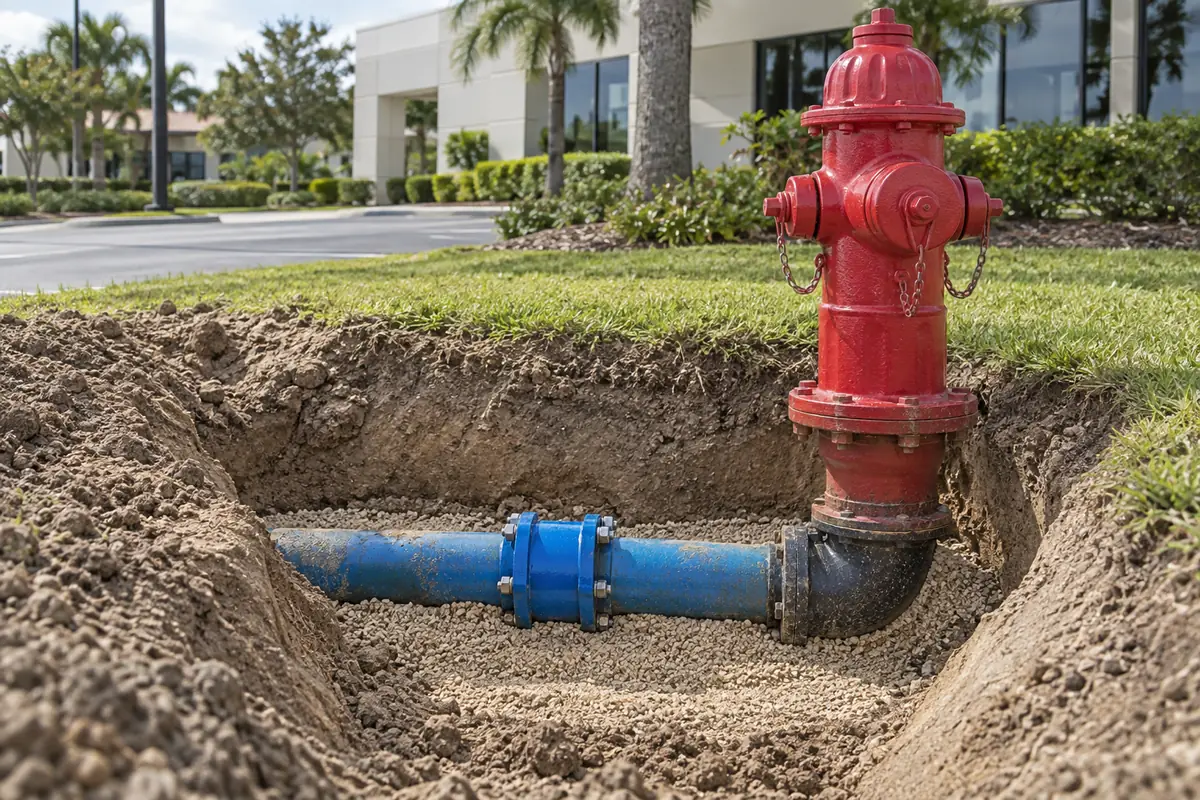 Red private fire hydrant connected through a black elbow to an exposed blue underground branch pipe with a blue repair coupling on granular bedding, with a commercial property behind.