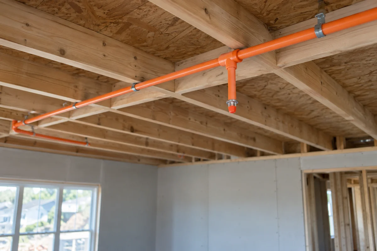 Orange fire sprinkler pipe secured beneath exposed timber ceiling framing with a short capped drop above unfinished walls.