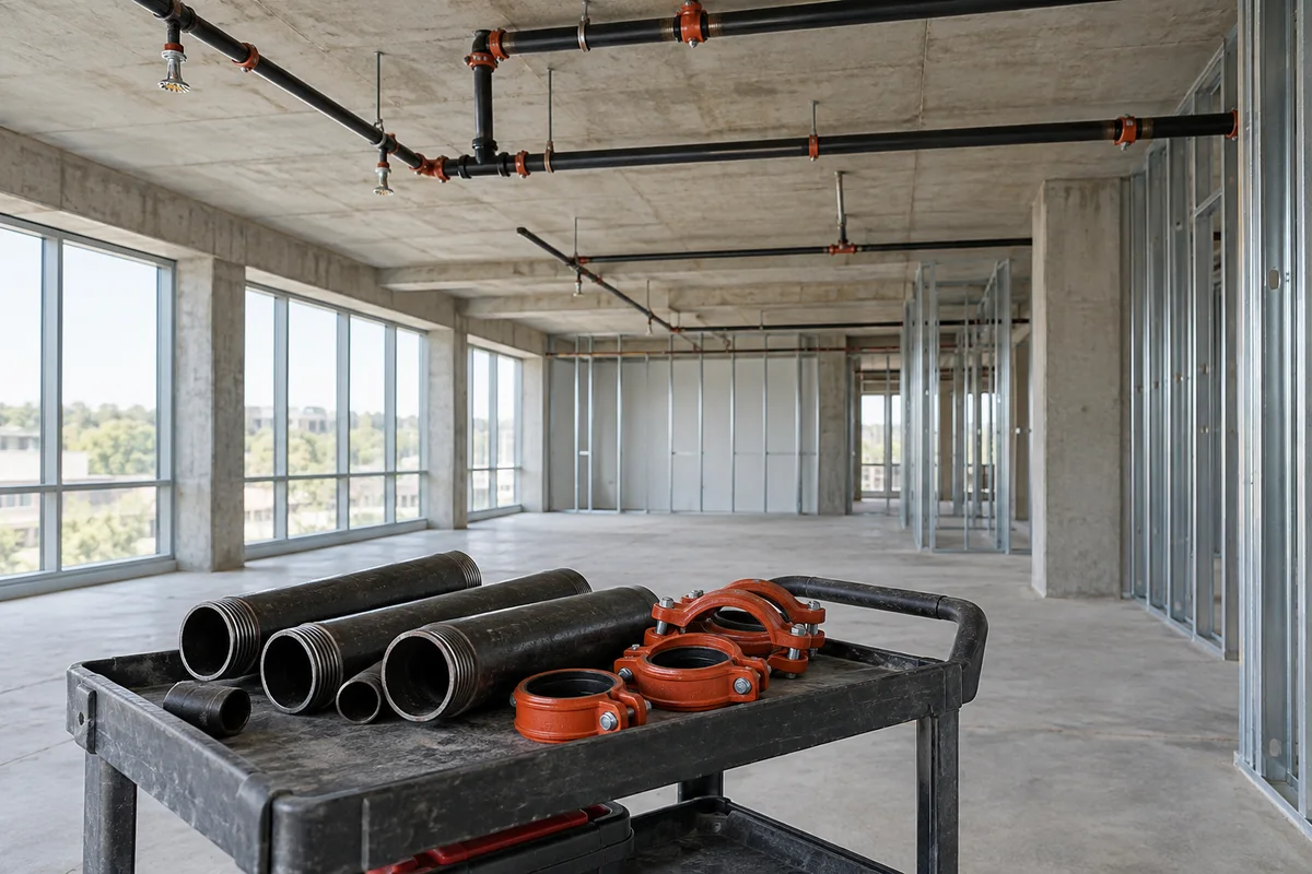 Removed black steel fire sprinkler pipe lengths and loose orange grooved couplings on a cart in an unfinished vacant commercial interior, with retained overhead sprinkler piping.