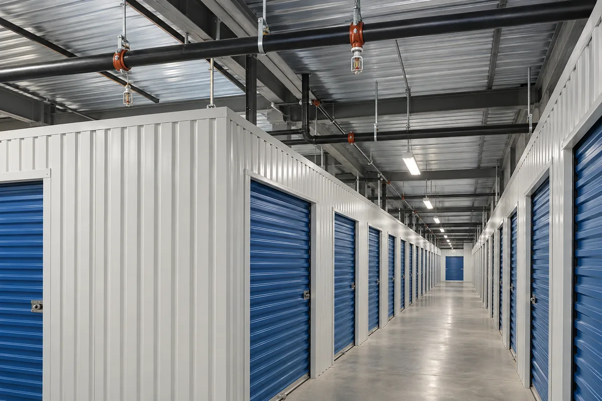 self-storage corridor with blue roll-up unit doors, white metal partitions, suspended black steel fire sprinkler piping with pendant sprinkler heads, exposed structure and an empty concrete floor.
