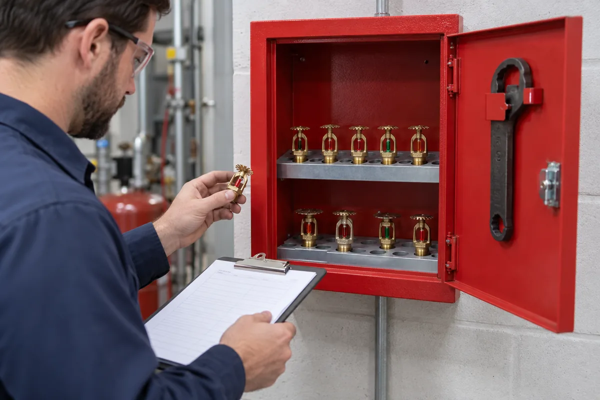 Open red metal spare fire sprinkler cabinet with unused brass sprinklers stored in racks, a sprinkler wrench on the inner door, and a technician holding a clipboard.