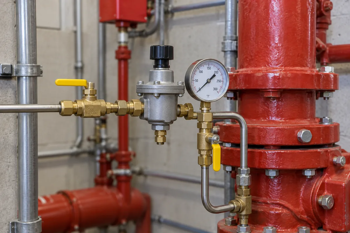 metal pneumatic regulator with black adjustment knob, round pressure gauge, brass valves and small connecting tubes beside red fire sprinkler riser.