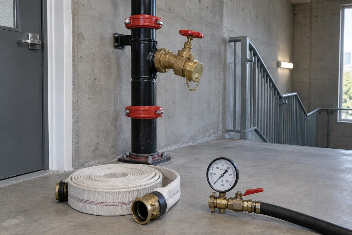 Supported black fire standpipe with red couplings and a capped brass handwheel hose valve in a concrete stairwell, with rolled white hose and a separate test gauge assembly resting on the floor for test preparation.