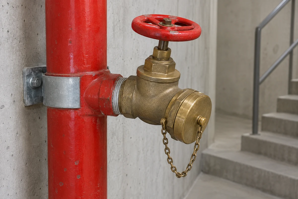 Compact brass fire standpipe hose valve on supported red piping in a concrete stairwell, with a red handwheel and single brass capped hose outlet on a retaining chain.