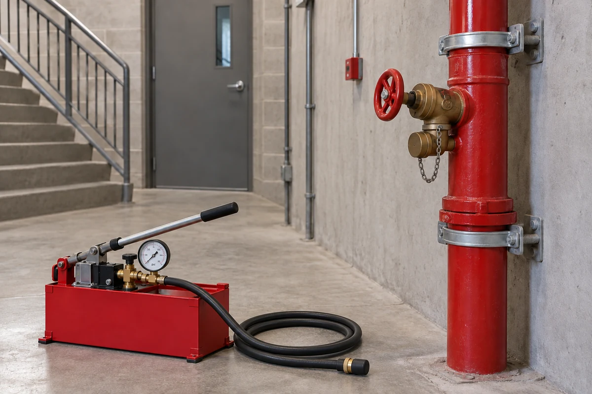 Red fire standpipe riser secured with metal wall clamps, brass hose outlet valve with red handwheel and capped outlet, and a manual hydrostatic test pump with pressure gauge and coiled disconnected dark hose staged nearby in a concrete stairwell.