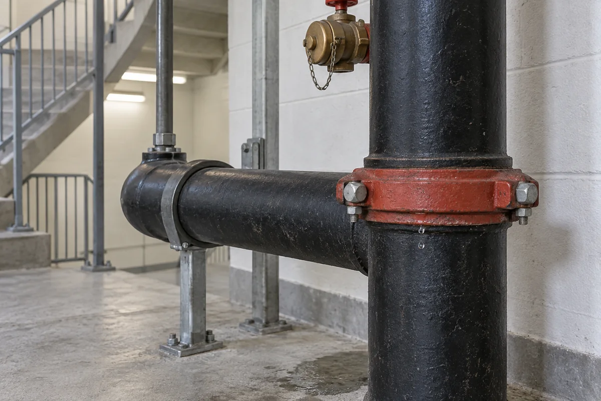 Black fire standpipe with red coupling, small water drops at a joint and damp floor in a concrete stairwell, with a brass capped hose valve above.