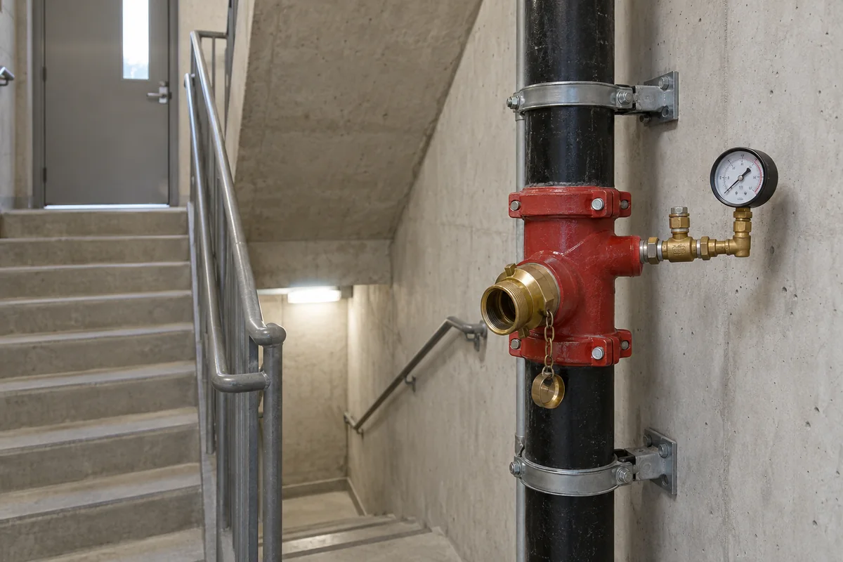 Supported black fire standpipe with a red outlet fitting, brass connection, and separate small pressure gauge in a concrete stairwell.