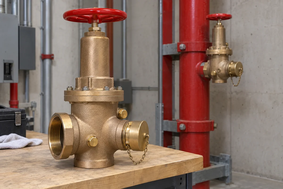 New tall bronze fire standpipe pressure-reducing hose valve with red handwheel and capped outlet on a retaining chain resting on a workbench, with an older installed red standpipe valve in the background.