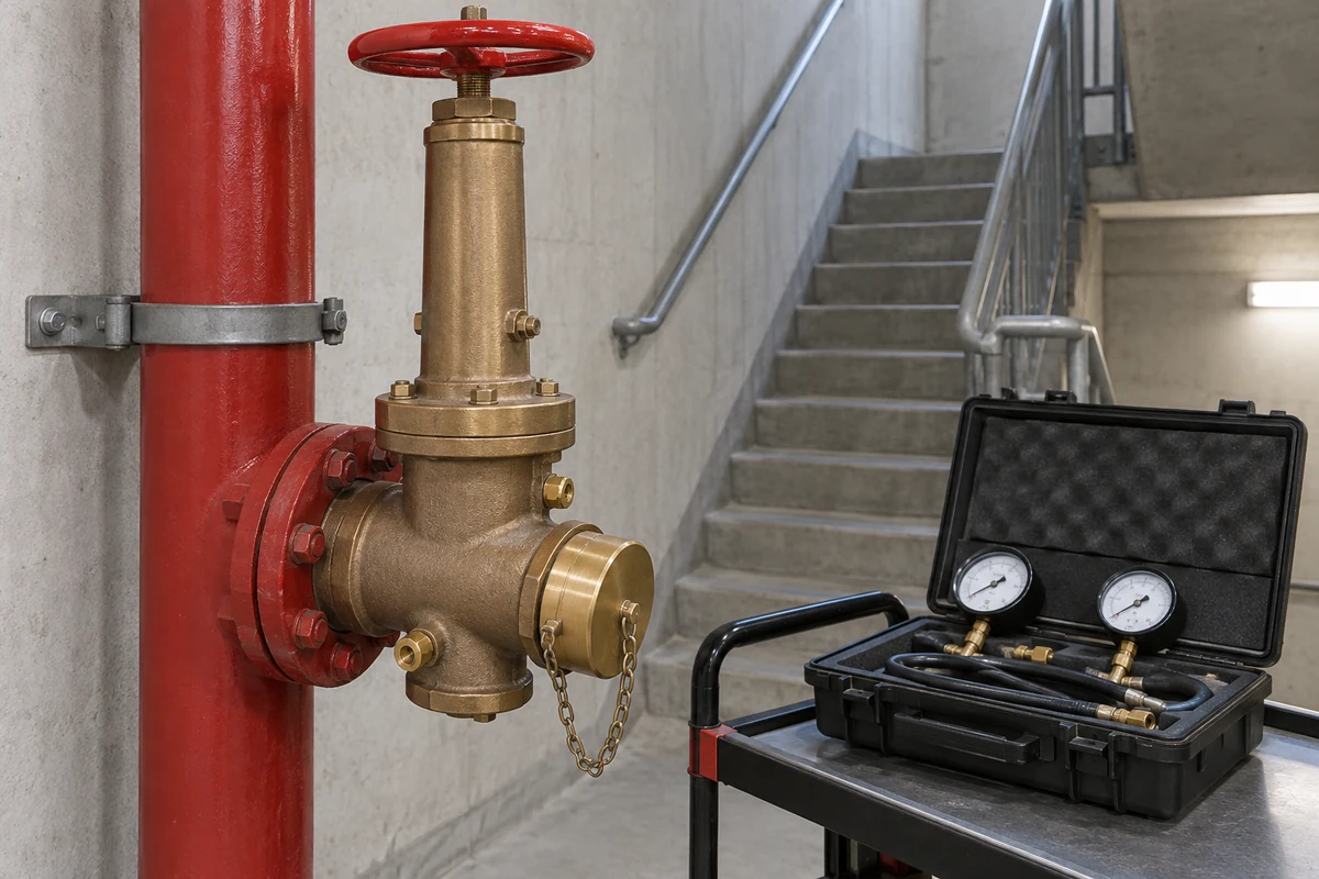 Tall bronze fire standpipe pressure-reducing hose valve with red handwheel and capped outlet on a retaining chain, mounted on supported red piping in a concrete stairwell, with a disconnected gauge test kit staged in an open case nearby.