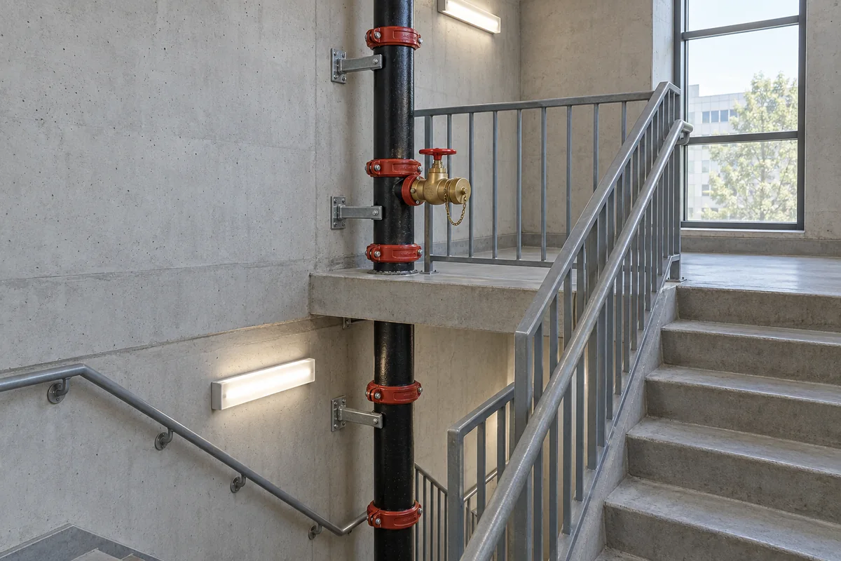 Vertical black fire standpipe riser passing through a concrete stair landing, with red grooved couplings, wall supports, and a capped brass hose outlet.