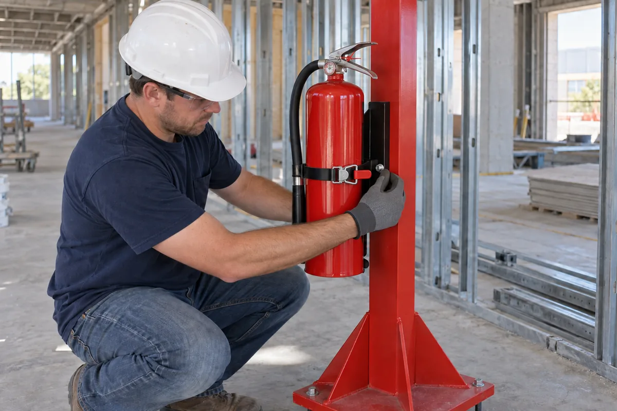 Red portable fire extinguisher secured to a freestanding station inside an unfinished building, with a hand-release toggle latch while a technician works at a fixed mounting screw.