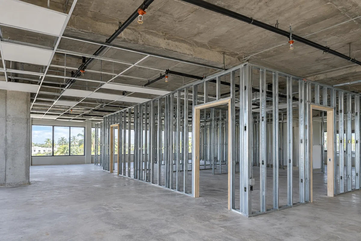 existing concrete commercial shell with new metal-stud partitions, partial ceiling grid and overhead black fire sprinkler branch piping with pendent sprinkler heads.