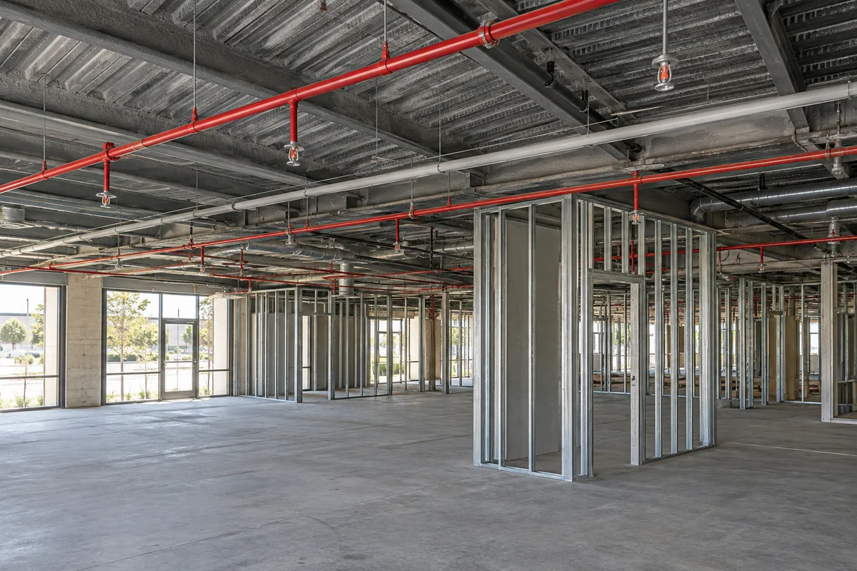 Overhead red fire sprinkler piping and pendant heads above new metal-stud partitions in an unfinished commercial suite.