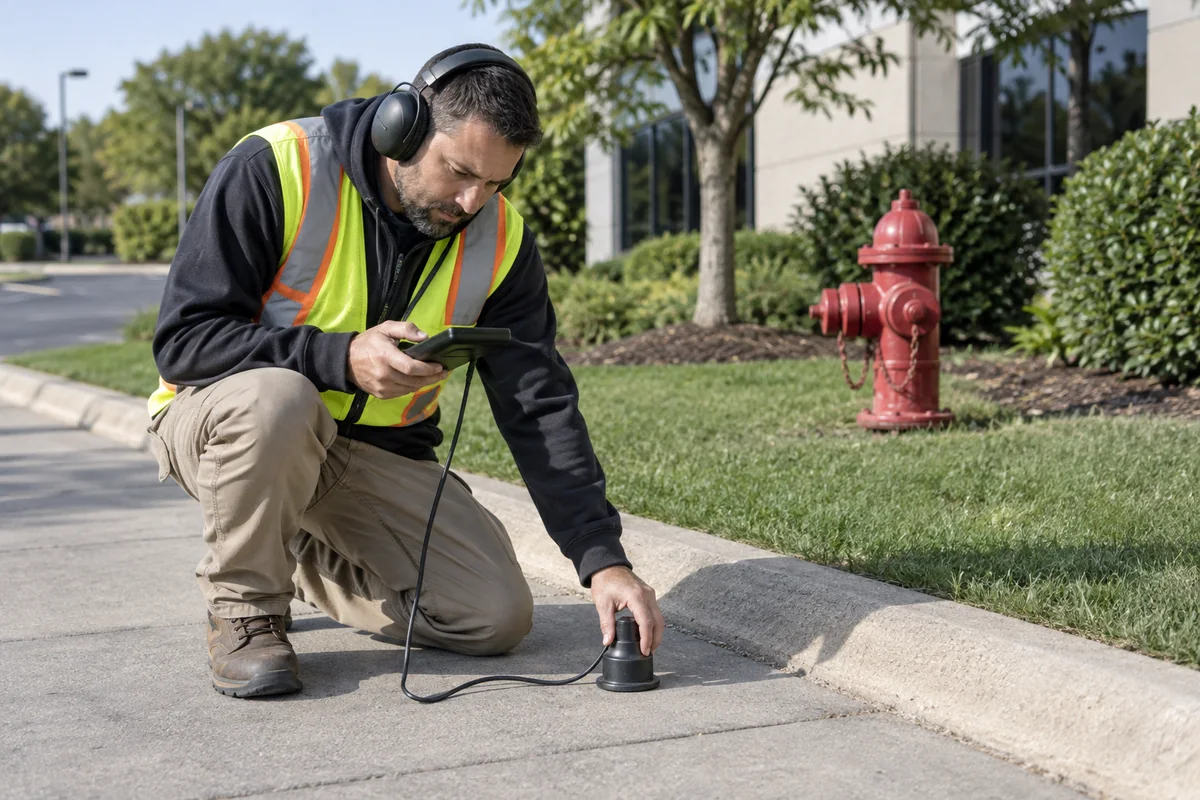 Technician wearing headphones uses a listening instrument and cable-connected acoustic ground sensor on pavement beside a red private fire hydrant.
