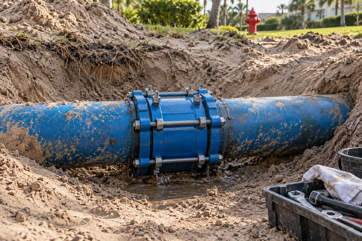 Exposed blue underground fire water main with a bolted repair sleeve in a shallow sandy excavation, damp ground at the joint, a nearby tool tray, and a distant red hydrant.