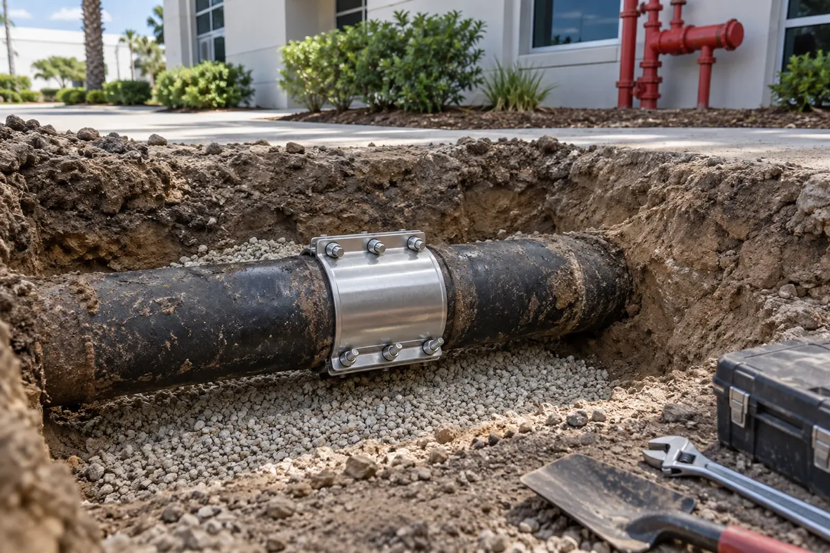 Exposed existing dark underground fire-water pipe with a bolted stainless-steel repair clamp in a shallow excavation, commercial building and red fire piping behind, tools on ground outside.