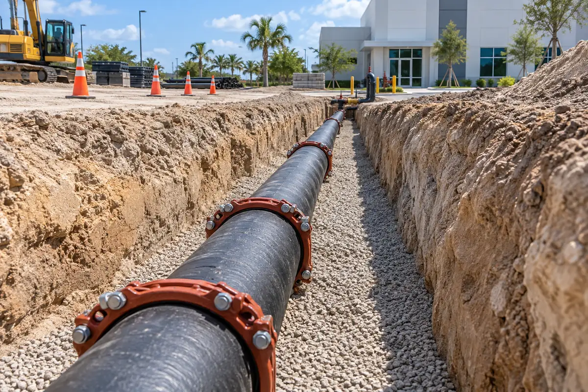 Dark underground fire-water main with restrained joints on granular bedding in a prepared trench beside a commercial building, safety cones and excavator nearby; no people in trench.