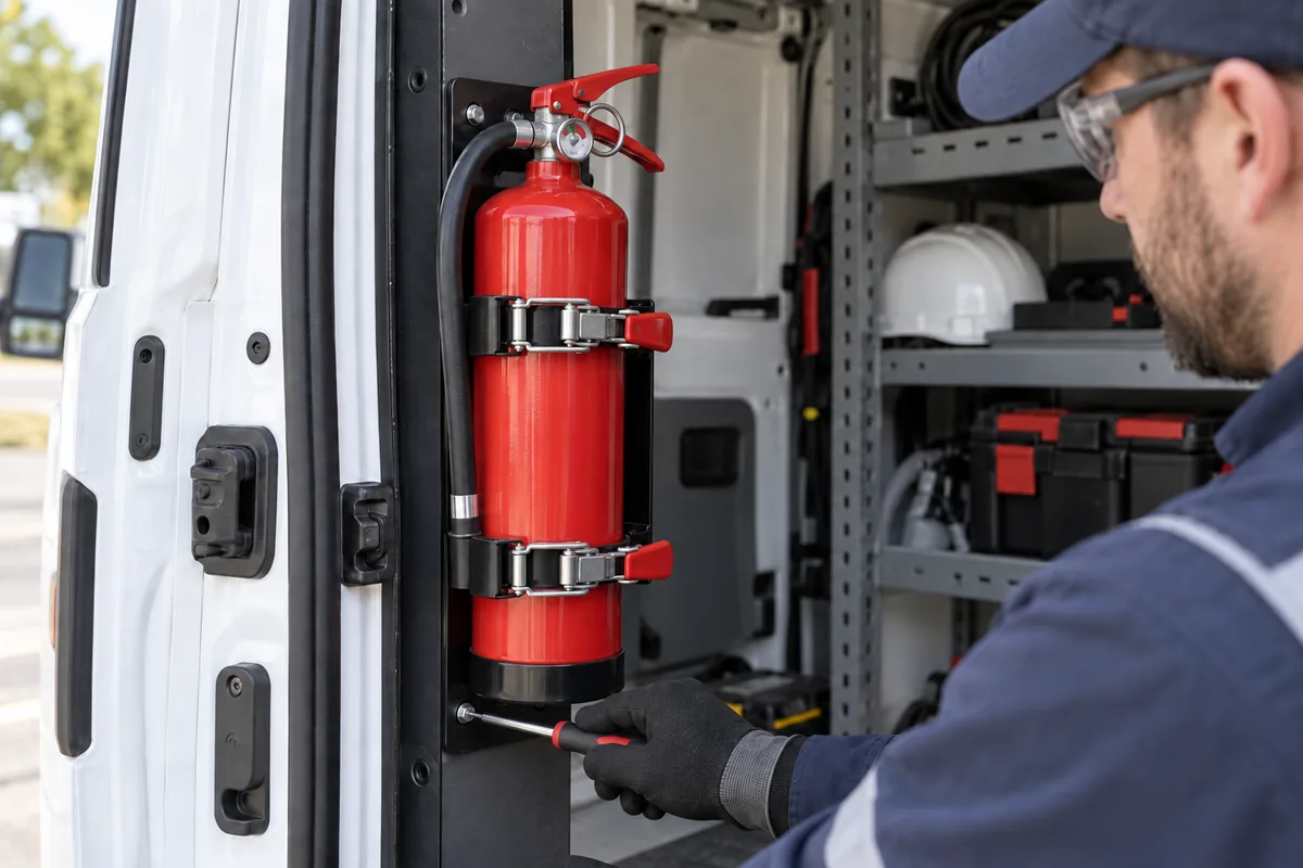 Red portable fire extinguisher secured in a black vehicle bracket with two over-center latches while a gloved hand uses a tool at a fixed mounting screw.