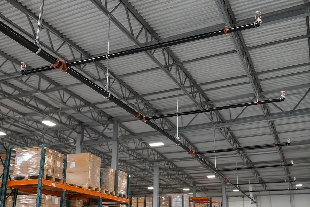 overhead black steel sprinkler branch pipes with upright sprinklers and hangers above warehouse pallet racks