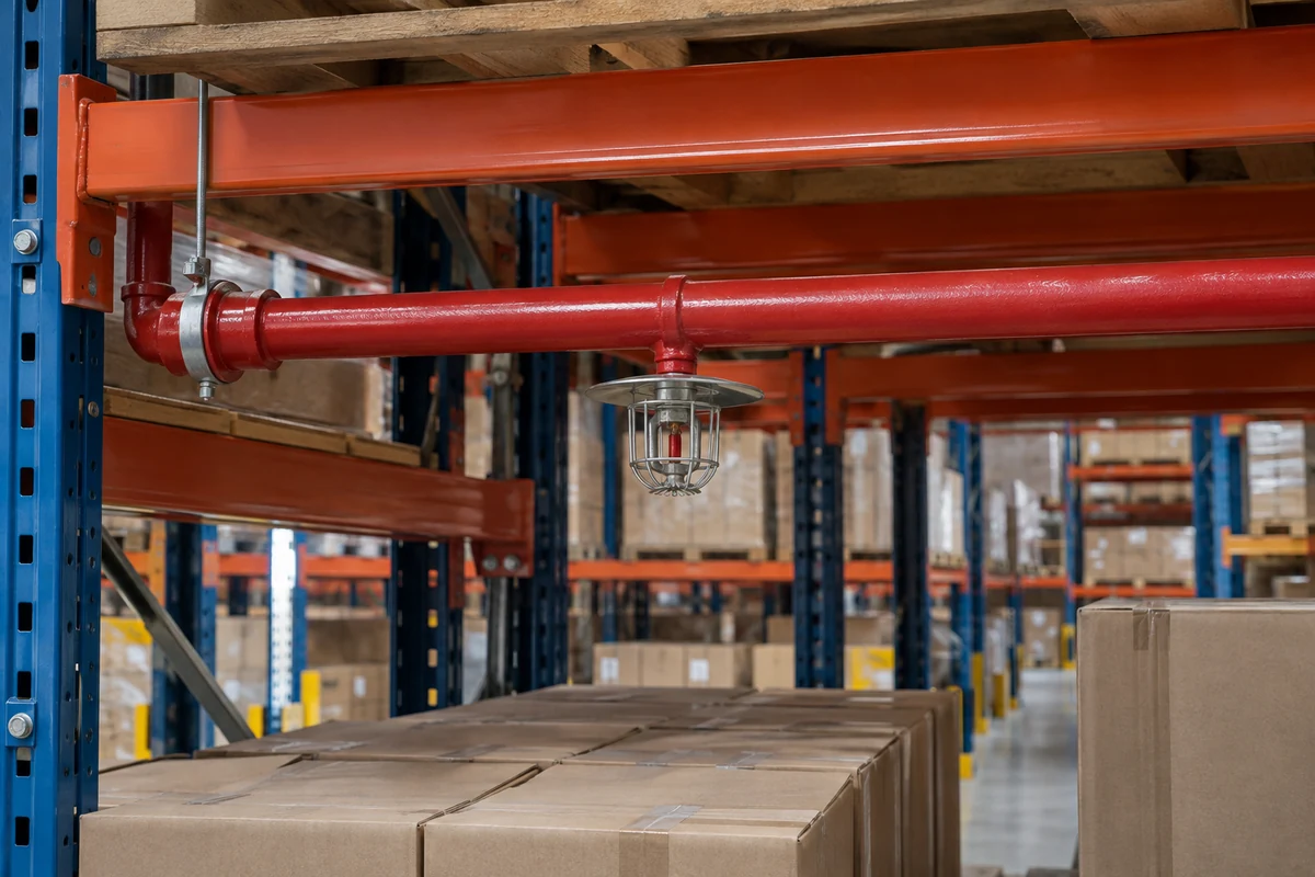 Red fire sprinkler branch pipe within pallet racks with a guarded pendent fire sprinkler and round metal water shield above cartons.